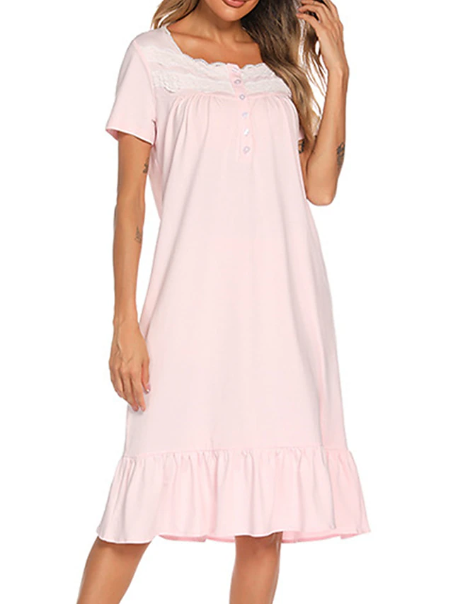 Women's Pajamas Nightgown Dress Pure Color Simple Basic Casual Home Daily Bed Cotton Breathable Square Neck Short Sleeve Dress Button Summer Spring Home Outfits 12