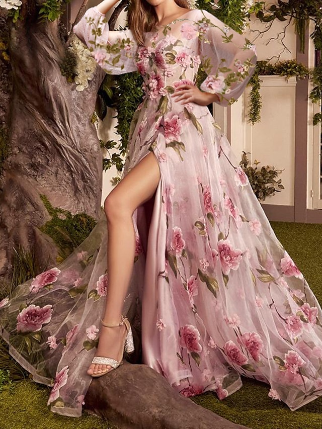  Corte A Trajes de gala Floral Vestido Formal Invitado a la boda Cola de Corte Manga Larga Joya Encaje con Estampado flor 2024