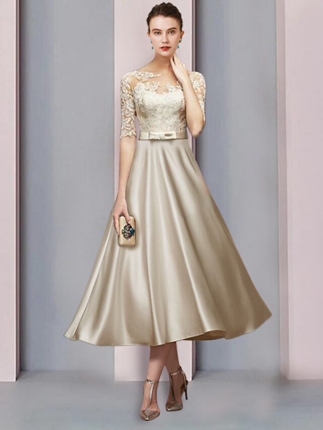 A-Line Mother of the Bride Dress Wedding Guest Vintage Elegant V Neck Tea Length Satin Lace 3/4 Length Sleeve with Bow(s) Pleats Sequin main image 1