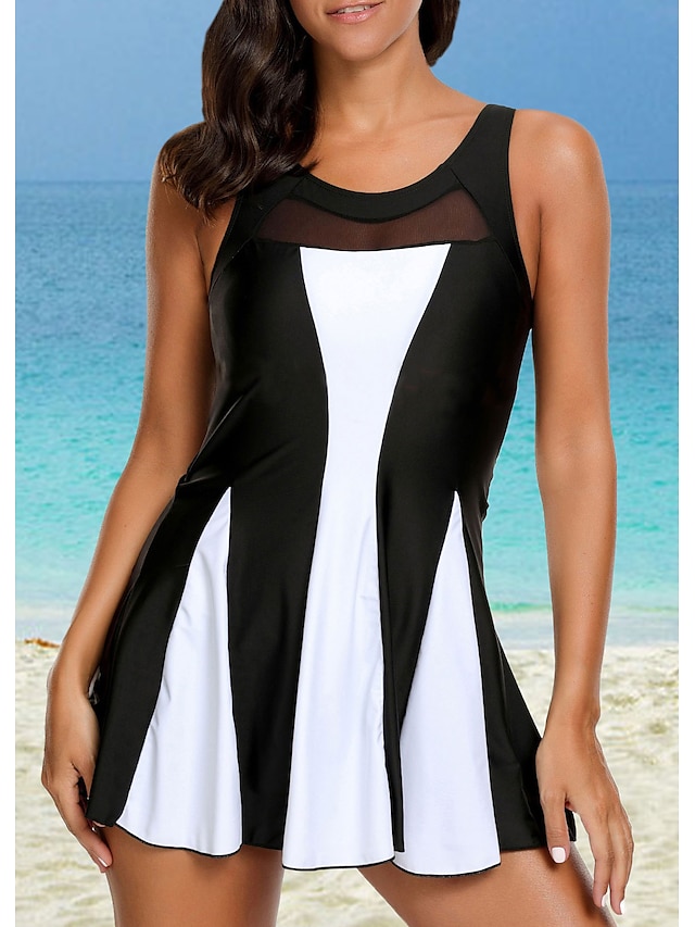 Women's Swimwear Swim Dress Normal Swimsuit 2 Piece Color Block Black ...