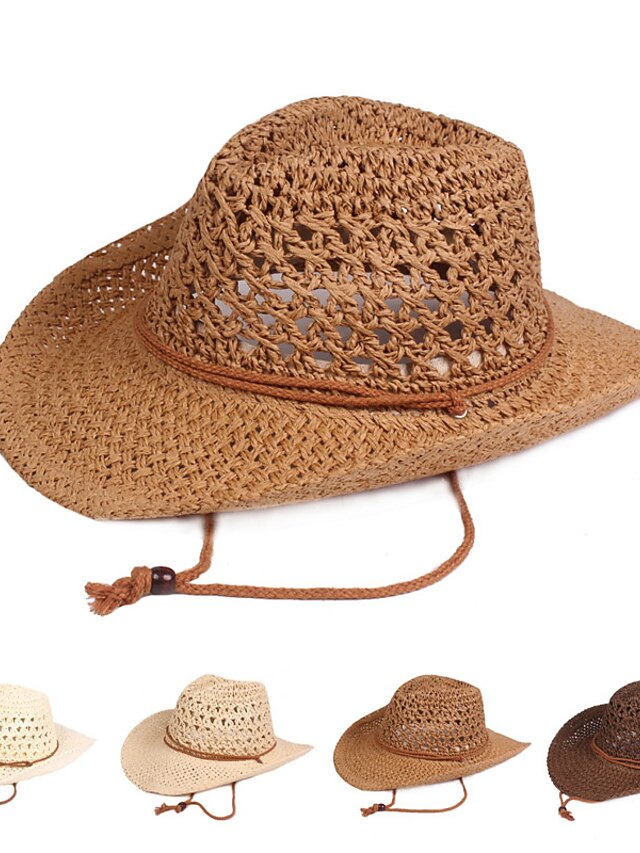 Men's Straw Hat Sun Hat Fedora Trilby Hat Brown khaki Straw Rope