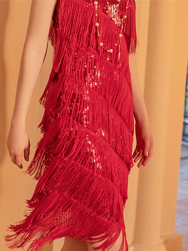 Women's Sequins Tassel Fringe Black Dress Midi Dress Elegant Plain ...