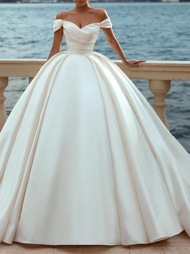  Αρραβώνας Επίσημο Φορεματα για γαμο Βραδινή τουαλέτα Ώμοι Έξω Ιμάντες Ουρά μέτριου μήκους Σατέν Νυφικά φορέματα Με Πιασίματα Μονόχρωμη 2024