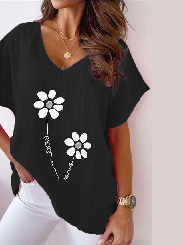 Women's Shirt Blouse Black White Pink Floral Print Short Sleeve Casual ...