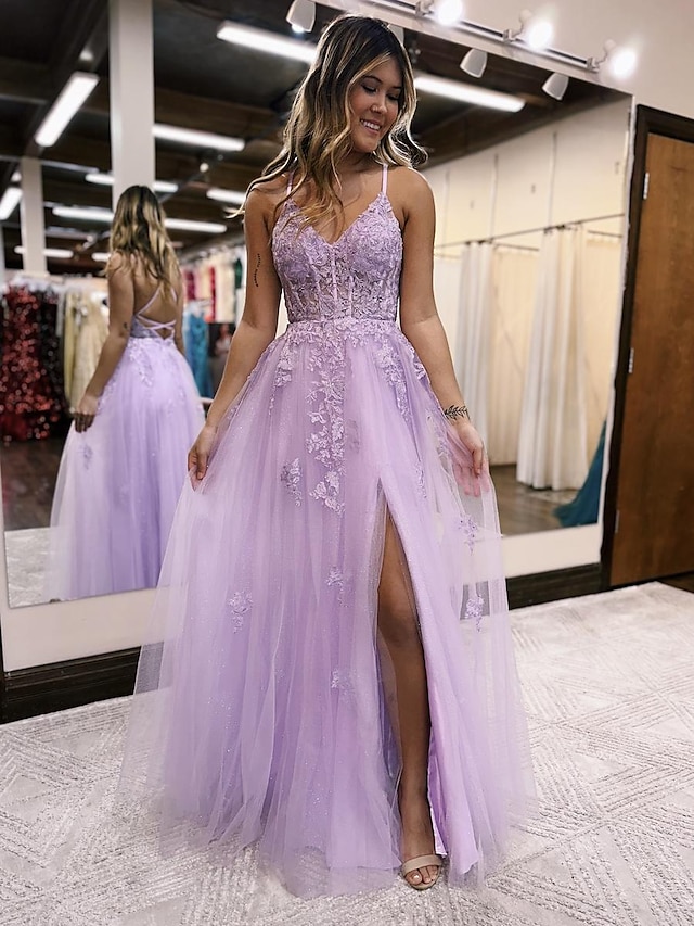  A-Line Evening Gown Open Back Dress Formal Prom Floor Length Sleeveless V Neck Tulle Backless with Beading Slit Appliques 2024