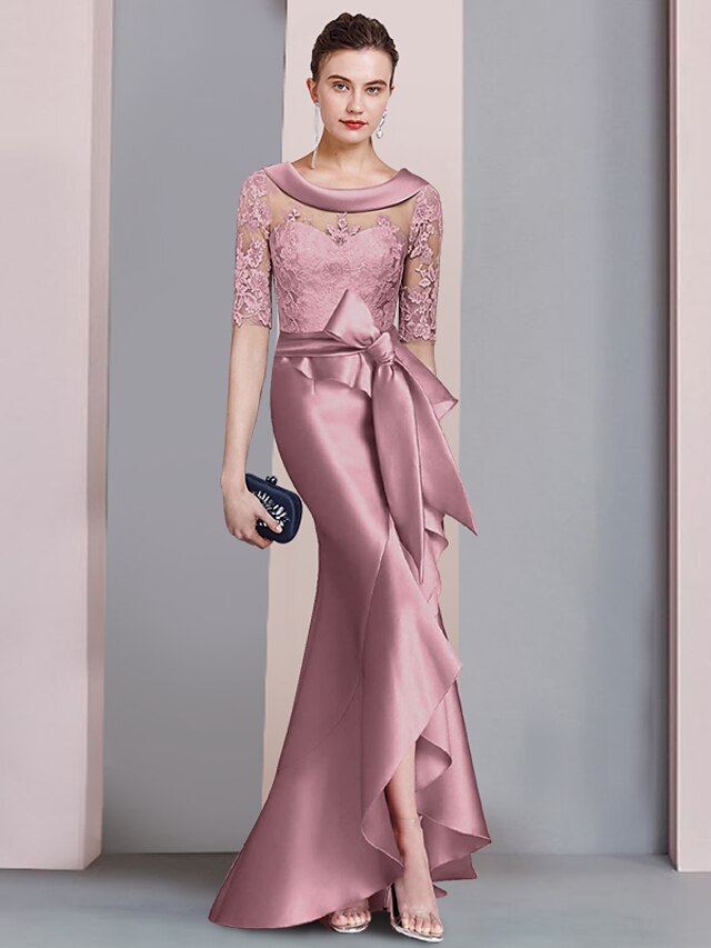 Mermaid / Trumpet Mother of the Bride Dress Wedding Guest Party Elegant V Neck Sweep / Brush Train Stretch Satin Imitated Silk Half Sleeve main image 0