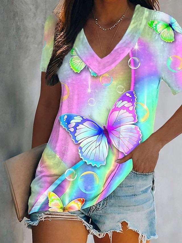  Dames T-shirt Grafisch Vlinder Tie Dye Afdrukken Feestdagen Weekend Basic Neon en helder Korte mouw V-hals Geel