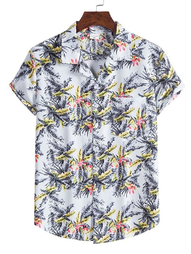 Men's Shirt Button Up Shirt Casual Shirt Summer Shirt Beach Shirt White Yellow Royal Blue Blue Orange Short Sleeve Print Flower / Plants Shirt Collar Outdoor Going out Print Clothing Apparel