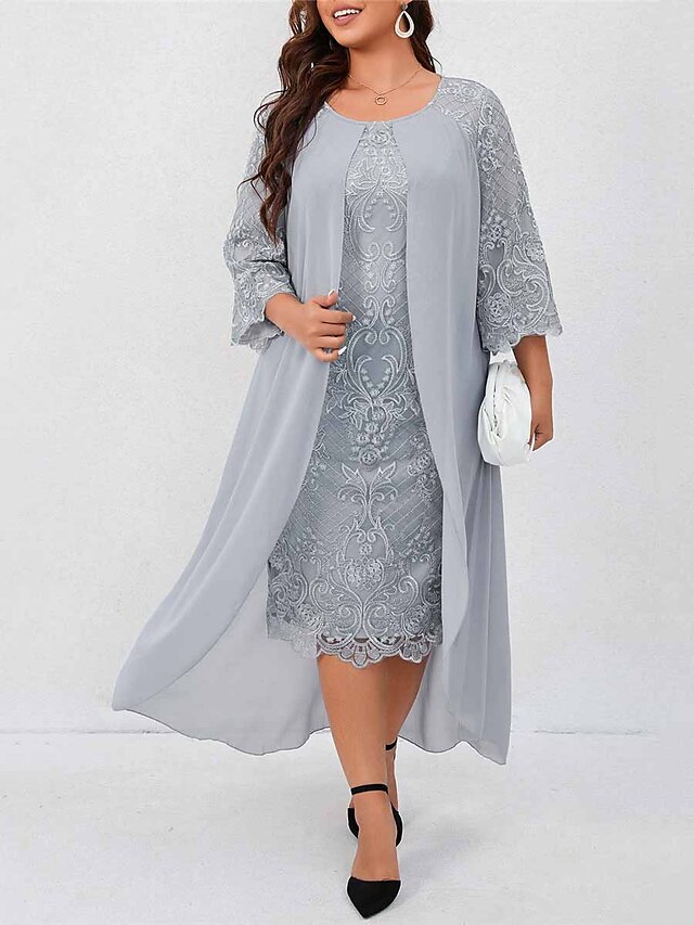  Women's Plus Size Lace Dress Work Dress Solid Color Midi Dress Long Sleeve Lace Fake two piece Crew Neck Fashion Outdoor Gray Summer Spring L XL XXL 3XL 4XL