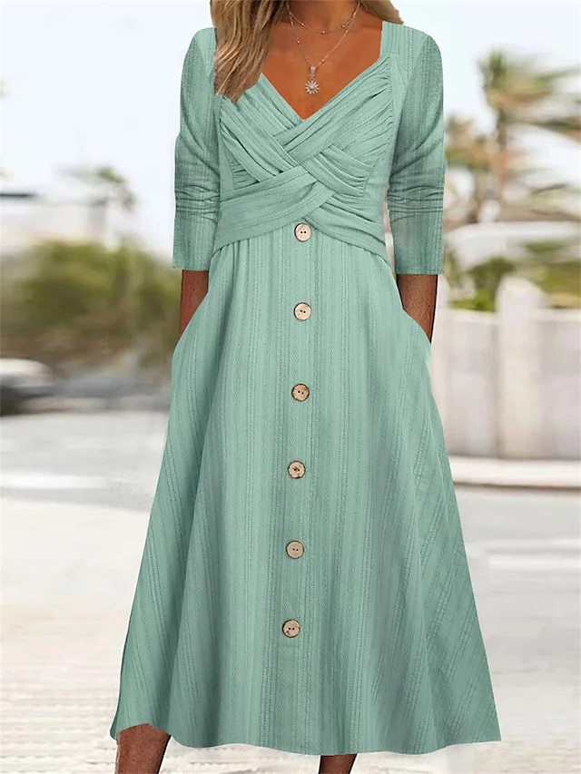  Women's Plain Button Up Ruched V Neck Midi Dress Daily Half Sleeve Summer Spring