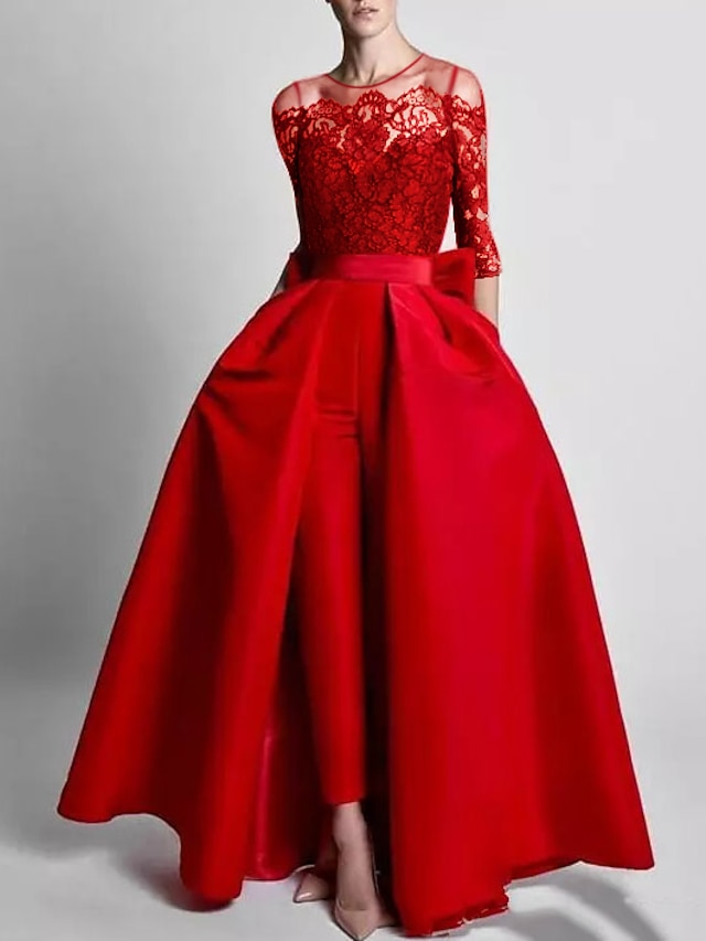  jumpsuits avondjurk rood groen jurk bruiloftsgast bruiloft vloerlengte 3/4 mouw off-shoulder zak stretchstof met borduursel 2024