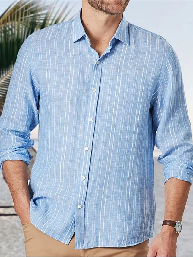 Men's Summer Shirt Beach Shirt Blue Long Sleeve Stripes Turndown Spring