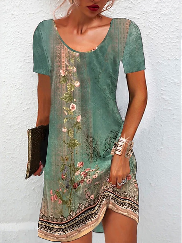  Γυναικεία Φλοράλ Φυλής Στάμπα Στρογγυλή Ψηλή Λαιμόκοψη Μίνι φόρεμα Etnic Καθημερινά Κοντομάνικο Καλοκαίρι Άνοιξη