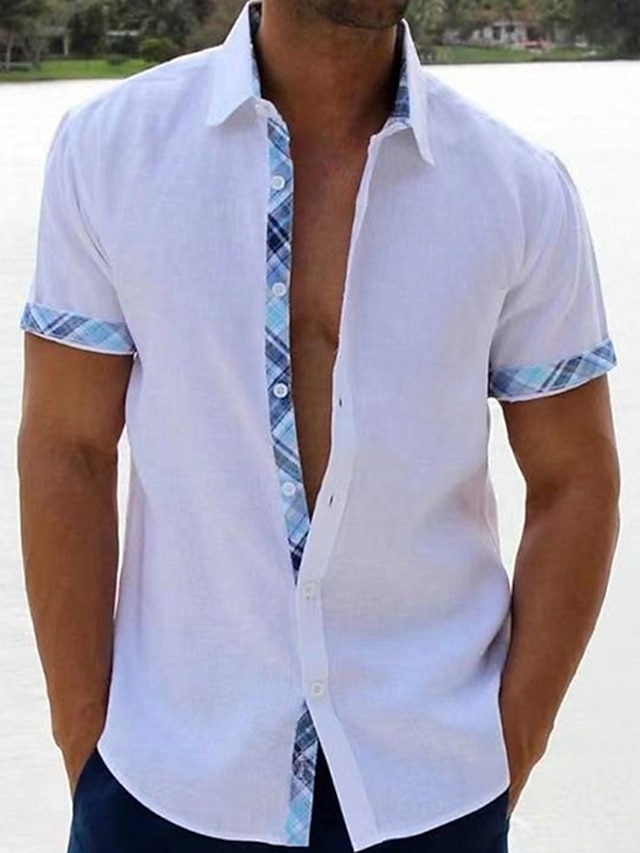  Men's Linen Shirt Summer Shirt Beach Shirt Black White Pink Short Sleeve Plain Lapel Spring & Summer Hawaiian Holiday Clothing Apparel Pocket