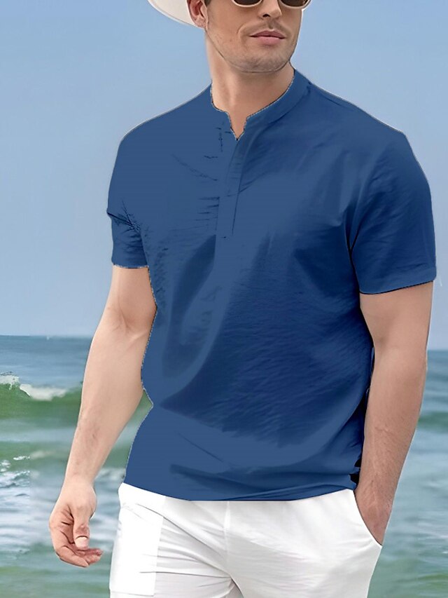 Men's Linen Shirt Summer Shirt Beach Shirt White Navy Blue Gray Short Sleeve Plain Collar Summer
