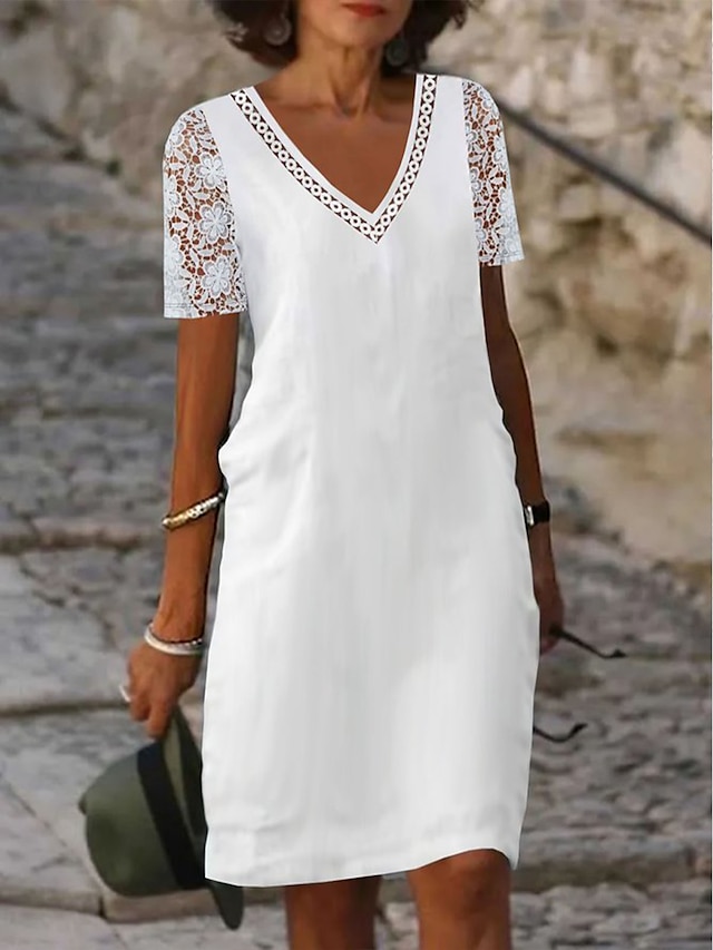  Women's Shift Dress Midi Dress Cotton Linen Lace Hollow Out Daily V Neck Short Sleeve Summer White