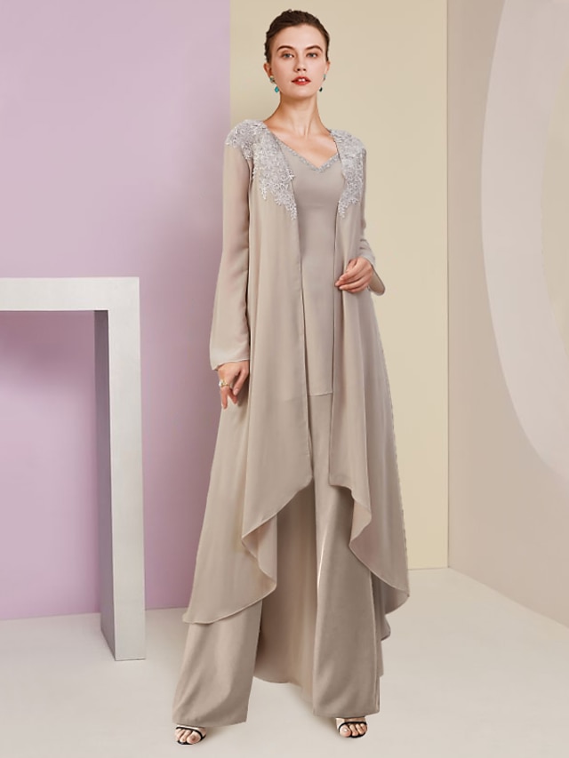  Jumpsuit / Pantsuit 3 Piece Mother of the Bride Dress Formal Wedding Guest Elegant V Neck Floor Length Chiffon Lace Sleeveless Wrap Included with Beading Appliques 2024
