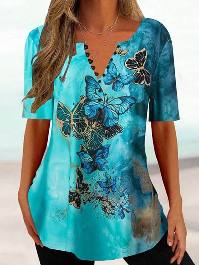 Women's T shirt Tee Henley Shirt Floral Butterfly Casual Button Print ...