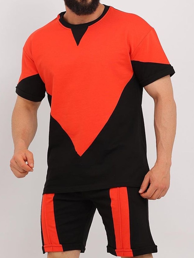  男性用 ショーツとTシャツのセット カラーブロック クルーネック カジュアル 日常 半袖 2個 衣類 スタイリッシュ 現代コンテンポラリー 快適