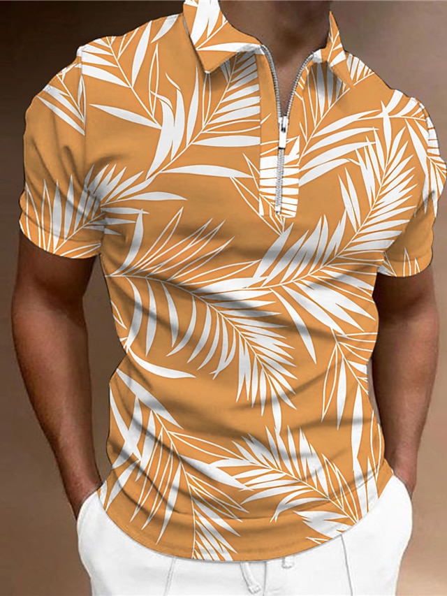  Men's Polo Shirt Zip Polo Golf Shirt Graphic Prints Leaves Turndown White Orange Outdoor Street Short Sleeves Zipper Print Clothing Apparel Fashion Designer Casual Breathable
