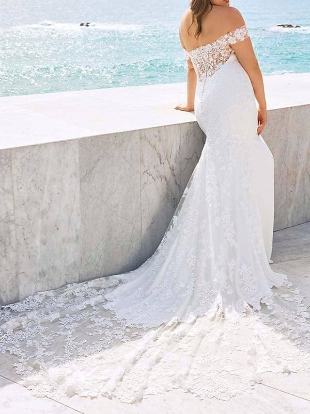  Beach Open Back Wedding Dresses Mermaid / Trumpet Off Shoulder Cap Sleeve Chapel Train Lace Bridal Gowns With Beading Lace Insert 2023