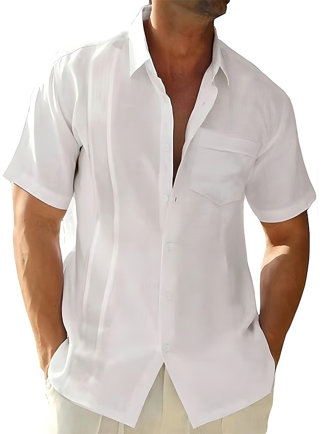  Men's Guayabera Shirt Linen Shirt Summer Shirt Beach Shirt Black White Light Blue Short Sleeve Plain Turndown Summer Outdoor Street Clothing Apparel Button-Down
