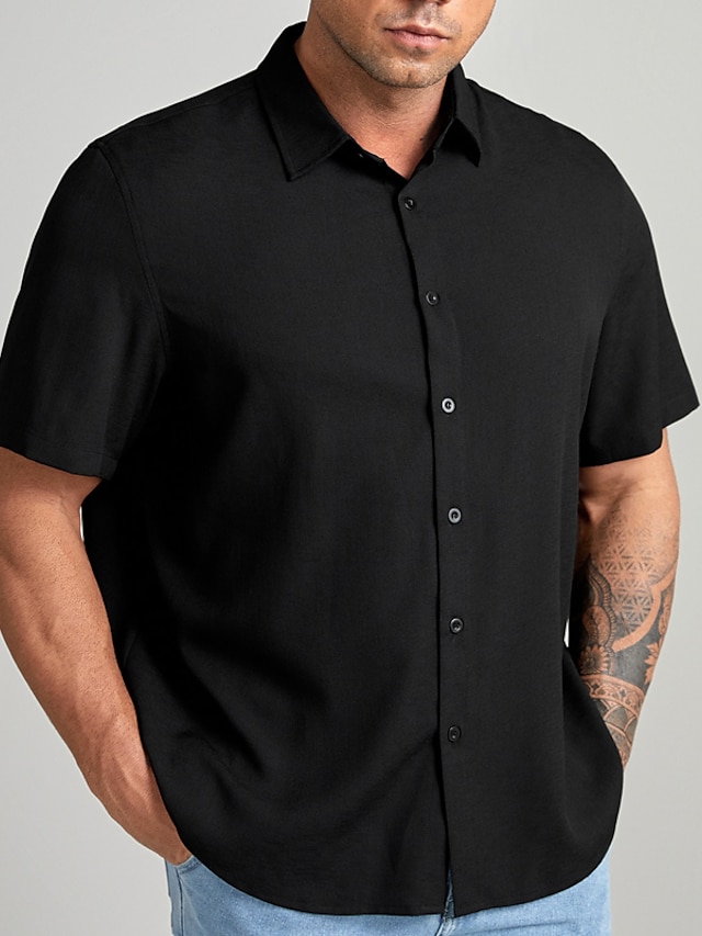  男性用 シャツ ボタンアップシャツ 平織り 折襟 ブラック プラスサイズ アウトドア バケーション 半袖 衣類 モダンスタイル 純色 レトリ／ヴィンテージ