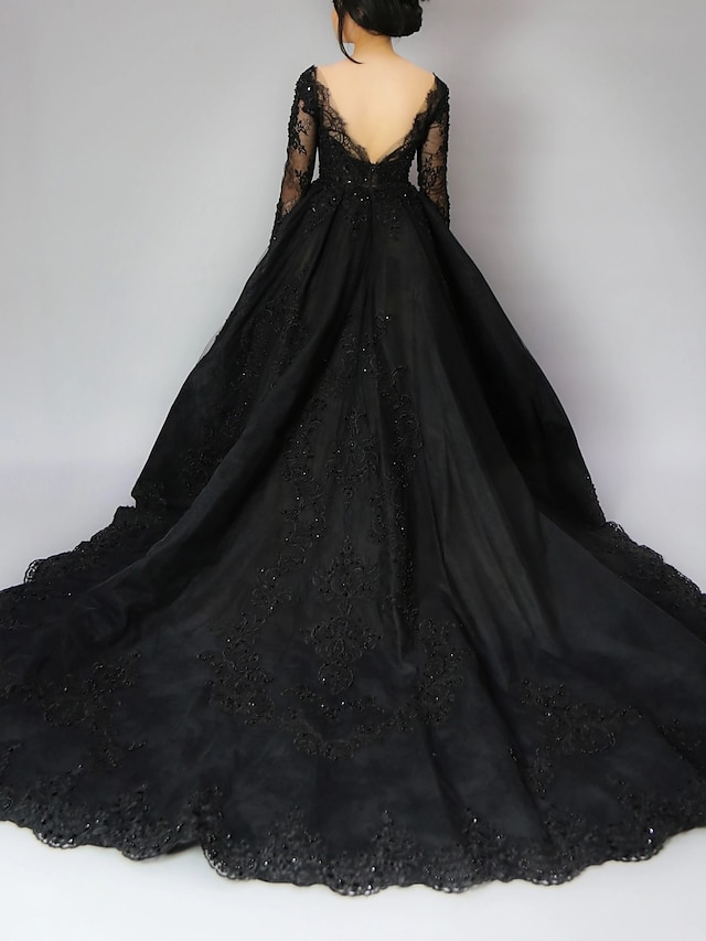Black Wedding Dresses Formal Ball Gown V Neck Long Sleeve Chapel Train ...