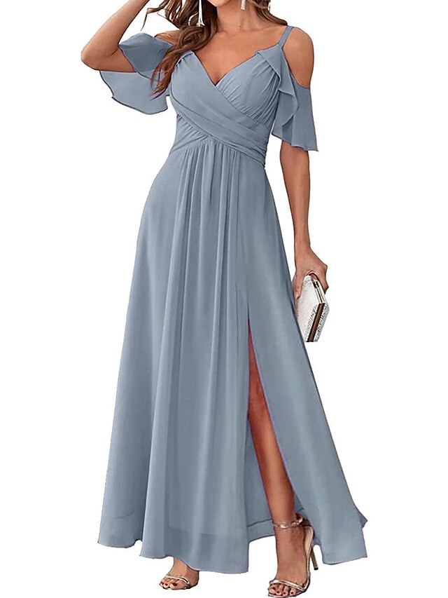 Spaghetti Straps V Neck Floor Length A Line Bridesmaid Dress with Pleats main image 0