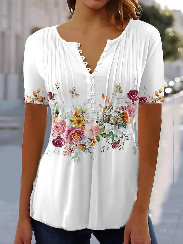  Women's Shirt Blouse White Pink Blue Floral Button Print Short Sleeve Casual Holiday Basic Round Neck Regular Floral S