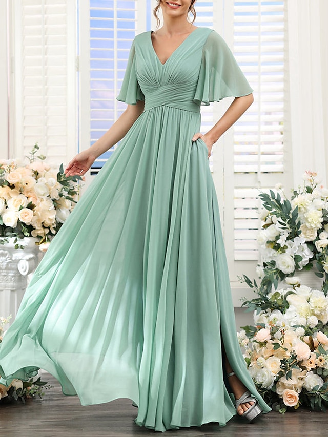  A-Line Bridesmaid Dress V Neck Short Sleeve Elegant Floor Length Chiffon with Split Front / Ruching 2023