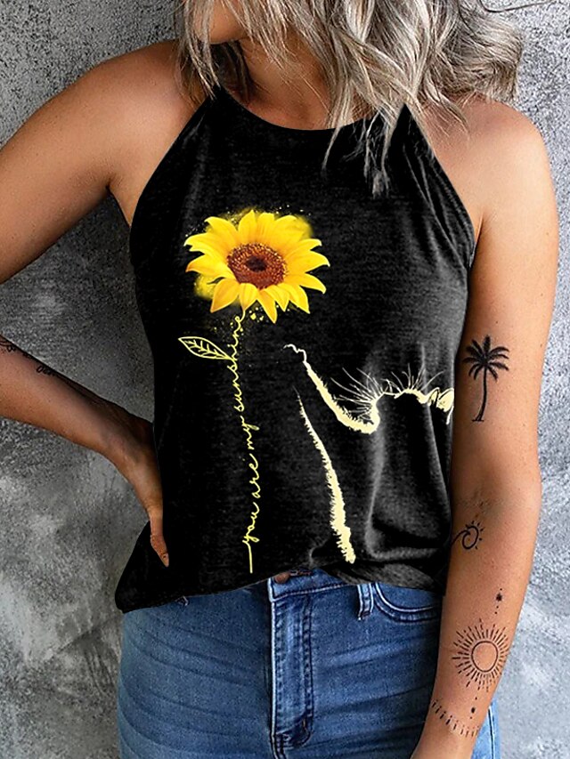 Women's Tank Top Halter Summer Tops Black Sunflower Print Sleeveless ...