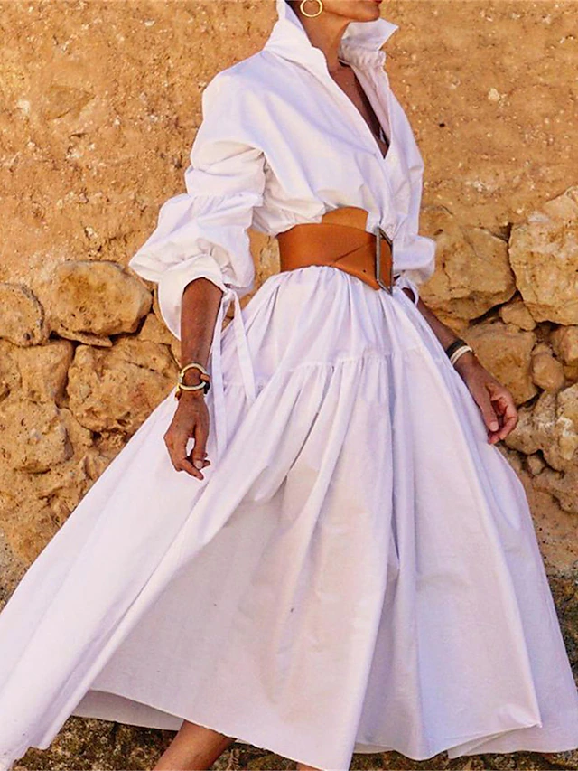 Women's White Dress Shirt Dress Casual Dress Maxi long Dress Outdoor ...
