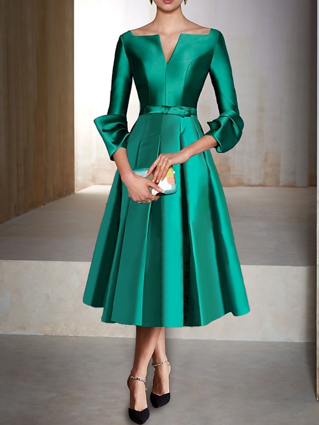  A-Line Cocktail Dress Red Green Dresses Elegant Dress Formal Wedding Guest Tea Length 3/4 Length Sleeve V Neck Satin with Pleats 2024