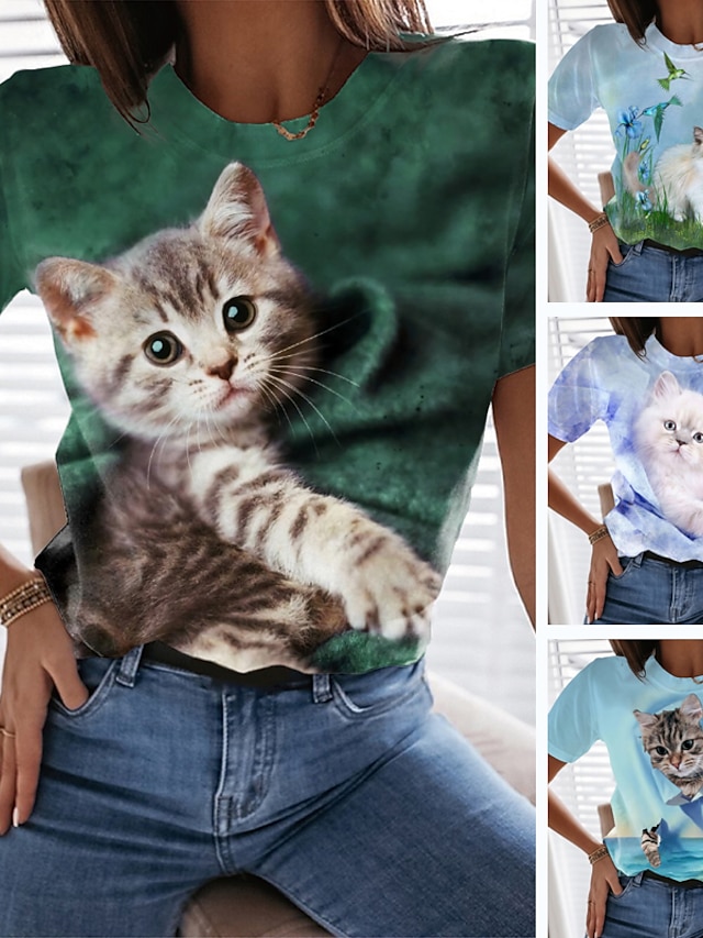  여성용 T 셔츠 블러슁 핑크 푸른 클로버 프린트 고양이 3D 캐쥬얼 주말 짧은 소매 라운드 넥 베이직 보통 3D 고양이 페인팅 S