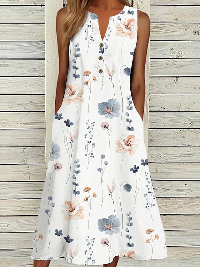  Γυναικεία Αμάνικο φόρεμα Φλοράλ Κουμπί Τσέπη Λαιμόκοψη V Μίντι φόρεμα Καθημερινά Διακοπές Αμάνικο Καλοκαίρι Άνοιξη