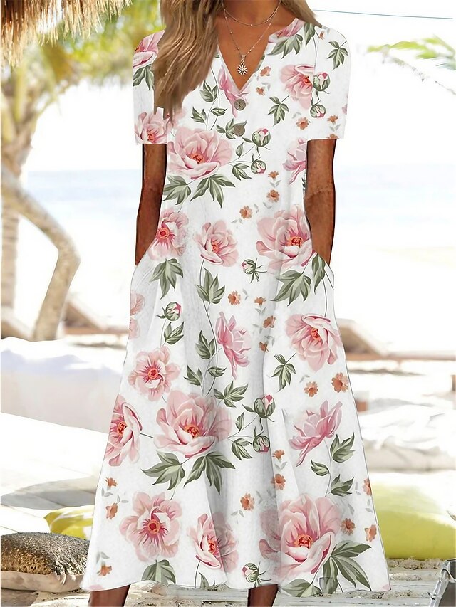 Women's Summer Dress Print Dress Floral Print Pocket V Neck Midi Dress ...