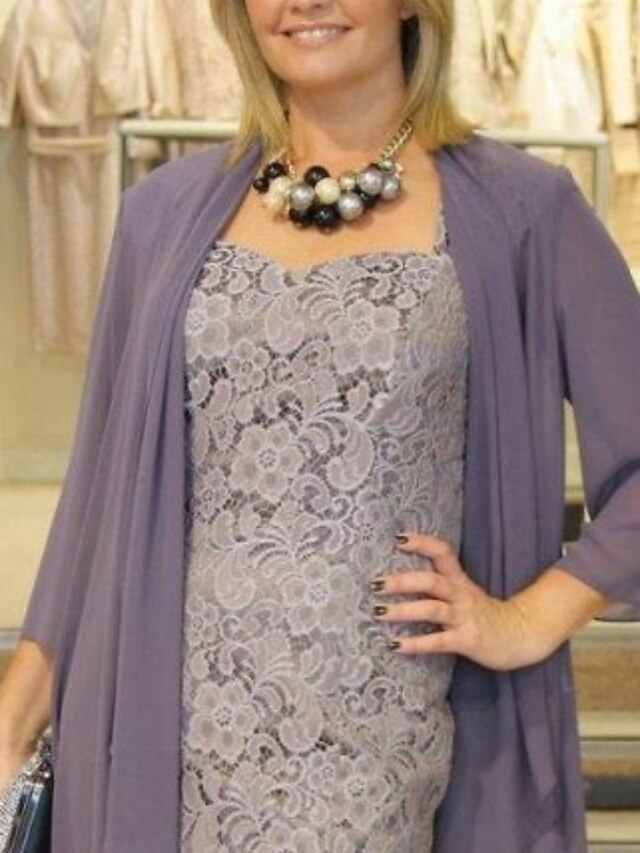Two Piece A-Line Mother of the Bride Dress Wedding Guest Elegant Square Neck Tea Length Chiffon Lace Half Sleeve Wrap Included with Appliques Side-Draped main image 0
