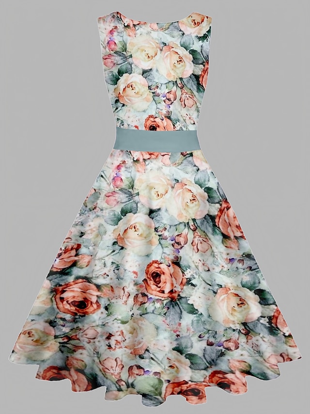  Γυναικεία Σουρωτά Στάμπα Vintage Φόρεμα Μίντι φόρεμα Κομψό Βίντατζ Φλοράλ Στρογγυλή Ψηλή Λαιμόκοψη Αμάνικο Καθημερινά Ημερομηνία Καλοκαίρι Άνοιξη Ανθισμένο Ροζ Θαλασσί