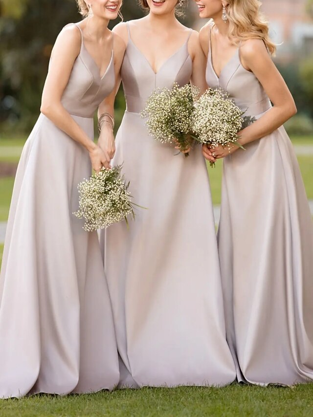 Sheath/Column  Woven Satin Spaghetti Straps Sleeveless Sweep/Brush Train Bridesmaid Dresses