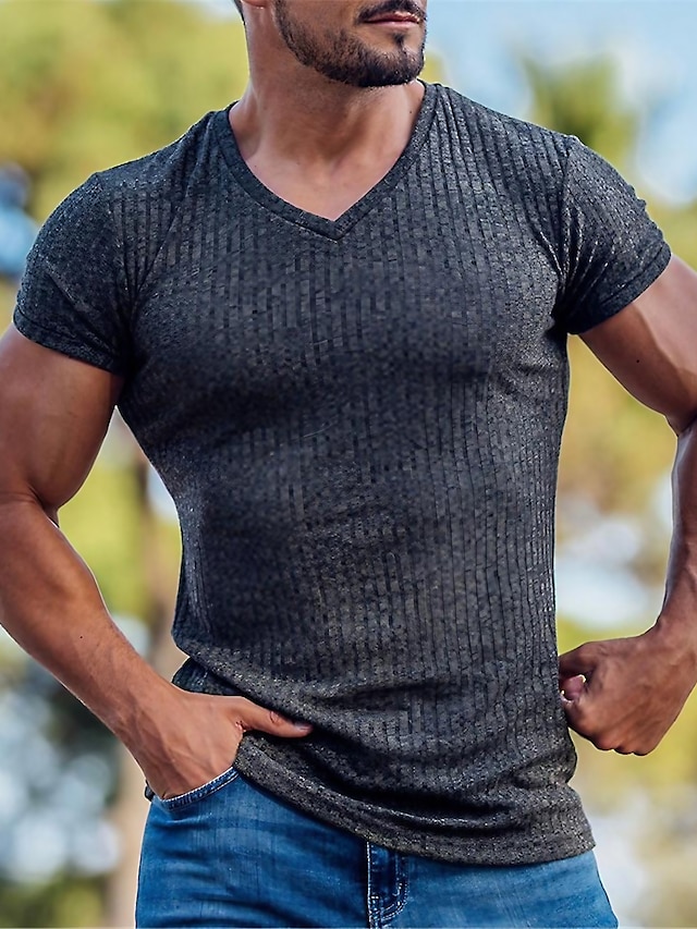 Homme T shirt Tee Chemise musclée T-shirt en tricot côtelé Plein Col V Extérieur sport Manches courtes Vêtement Tenue Mode Vêtement de rue Frais Casual Quotidien