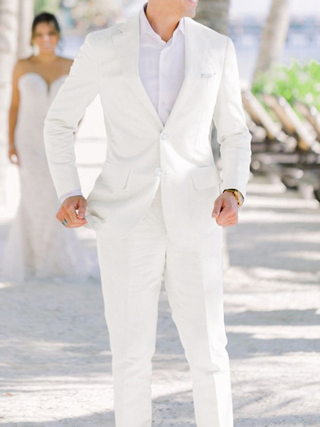  White Men's Beach Wedding Suits Solid Colored 2 Piece Tailored Fit Single Breasted Two-buttons 2024