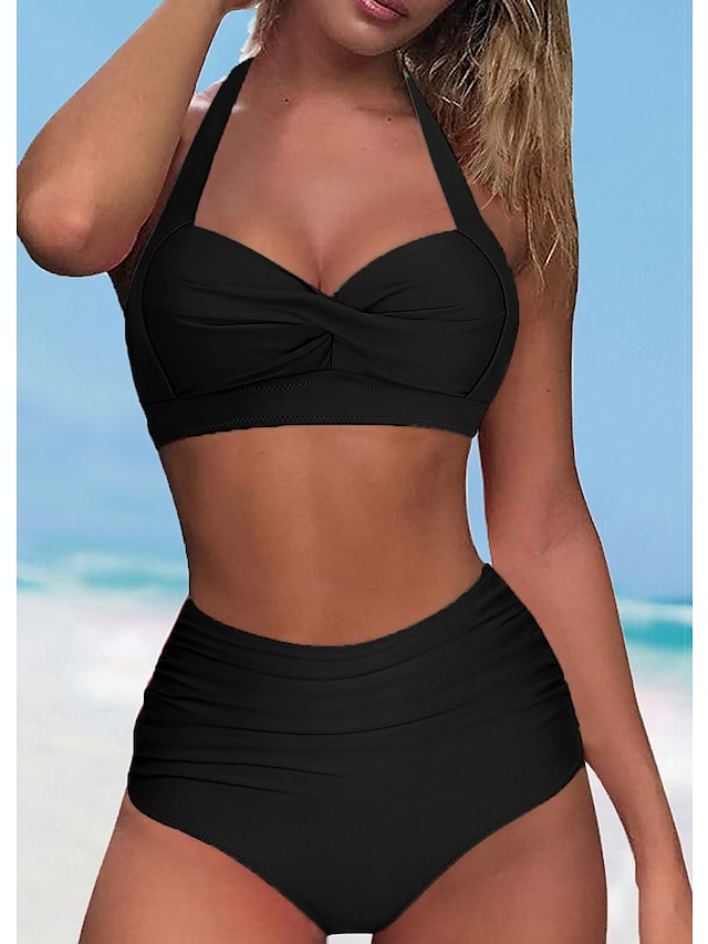  Damskie Stroje kąpielowe Bikini Krótkie spodnie Kostium kąpielowy Kantar 2-częściowa Dekolt krzyżowy Elegancki Push Up Równina Bez rękawów Kostiumy kąpielowe