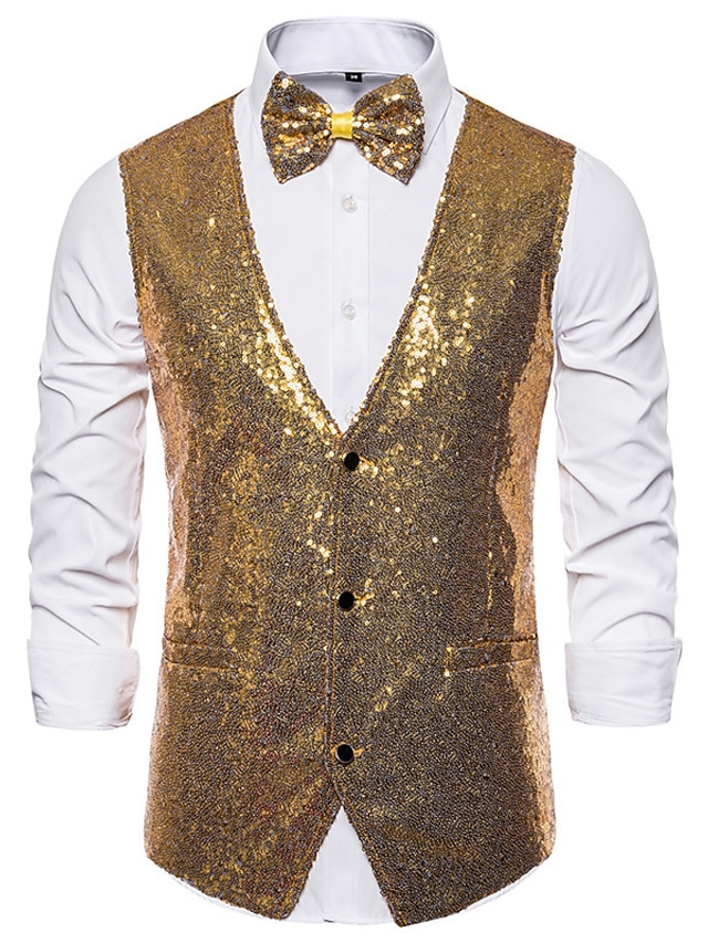 Men's Classic Vest Sequin Tailored Fit V Neck Single Breasted Three ...