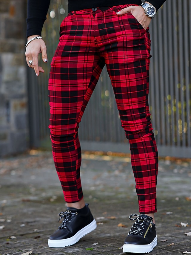  Męskie Spodnie Typu Chino Spodnie chinosy Spodnie w kratę Kieszeń Kratka Komfort Oddychający Na zewnątrz Codzienny Wyjściowe Mieszanka bawełny Moda Moda miejska Biały Czerwony