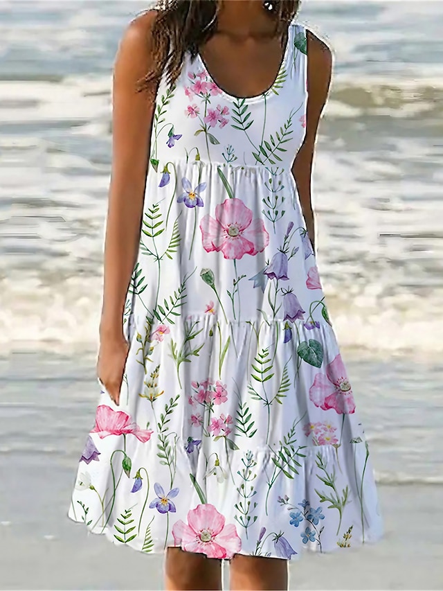  Damen Tank-Top Kleid Blumen Rüschen Bedruckt Rundhalsausschnitt Midikleid Tropisch Urlaub Strand Ärmellos Sommer Frühling
