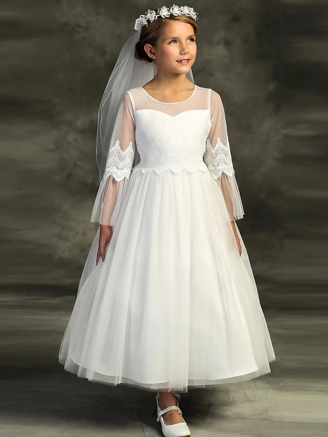  Princess Ankle Length Flower Girl Dress First Communion Girls Cute Prom Dress Satin with Bow(s) Elegant Fit 3-16 Years