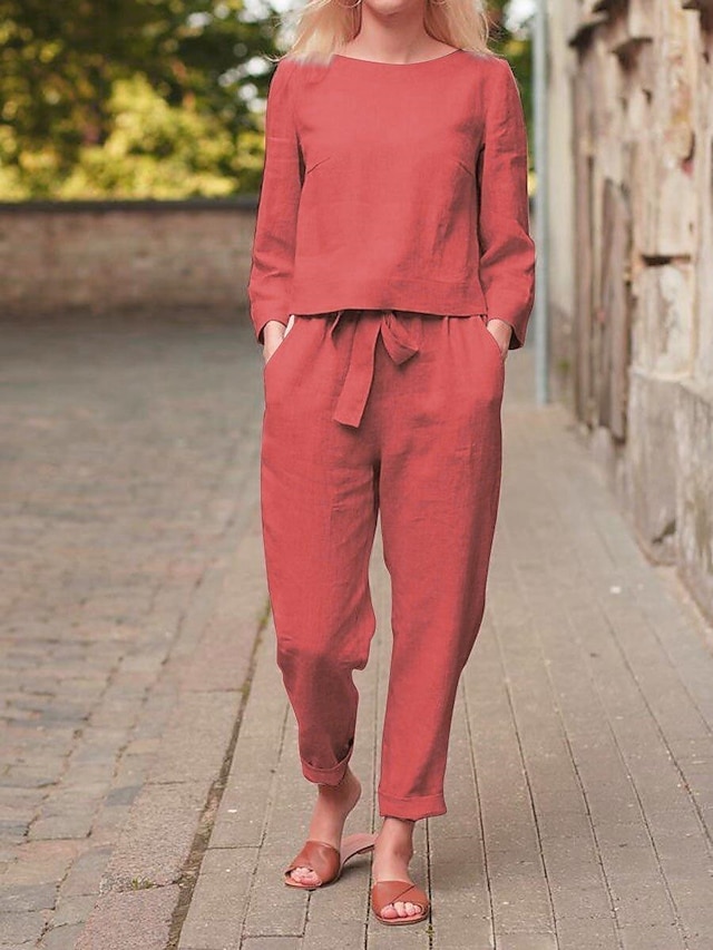  Women's Loungewear Two Piece Sets Simple Casual Comfort Pure Color Pocket Shirt Cotton Linen Sets Pant Vacation Home Daily Long Sleeve Crew Neck Black Blue Orange Beige Summer Spring