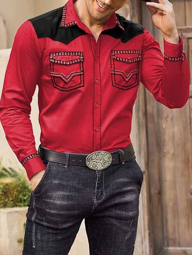  Per uomo Camicia Camicia occidentale Stampe astratte Cowboy Collo ripiegabile Rosso Esterno Strada Manica lunga Stampa Abbigliamento Di tendenza Streetwear Originale Informale