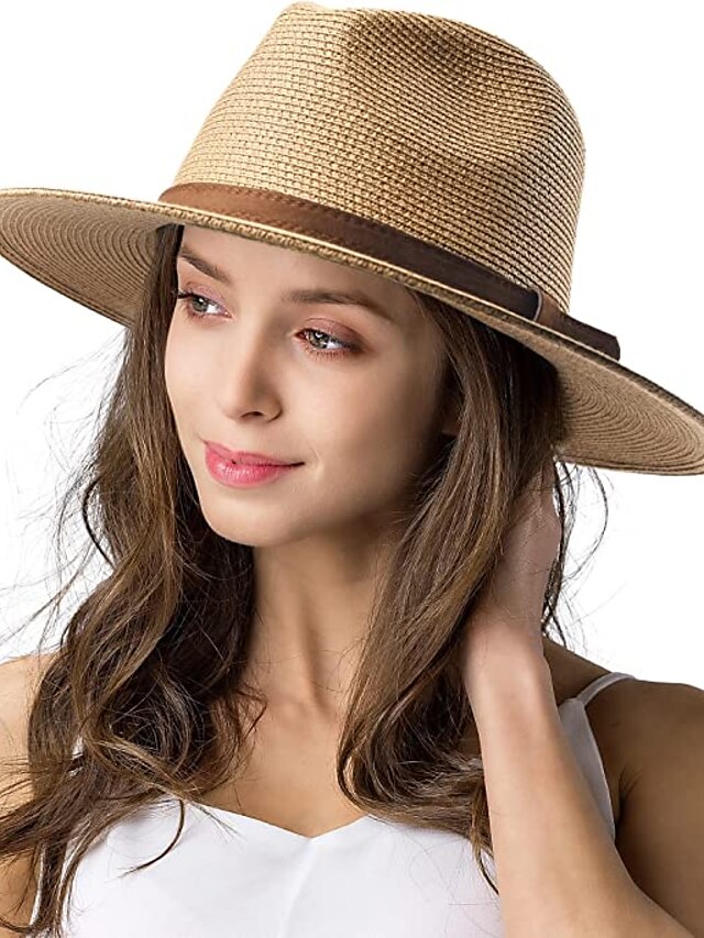 1 Pcs Womens Mens Wide Brim Straw Panama Hat Fedora Summer Beach Sun